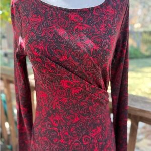 Talbots Red and Black Rose Floral Long Sleeve Dress